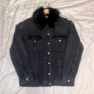 Black Distressed Denim Jacket with Faux-Fur
